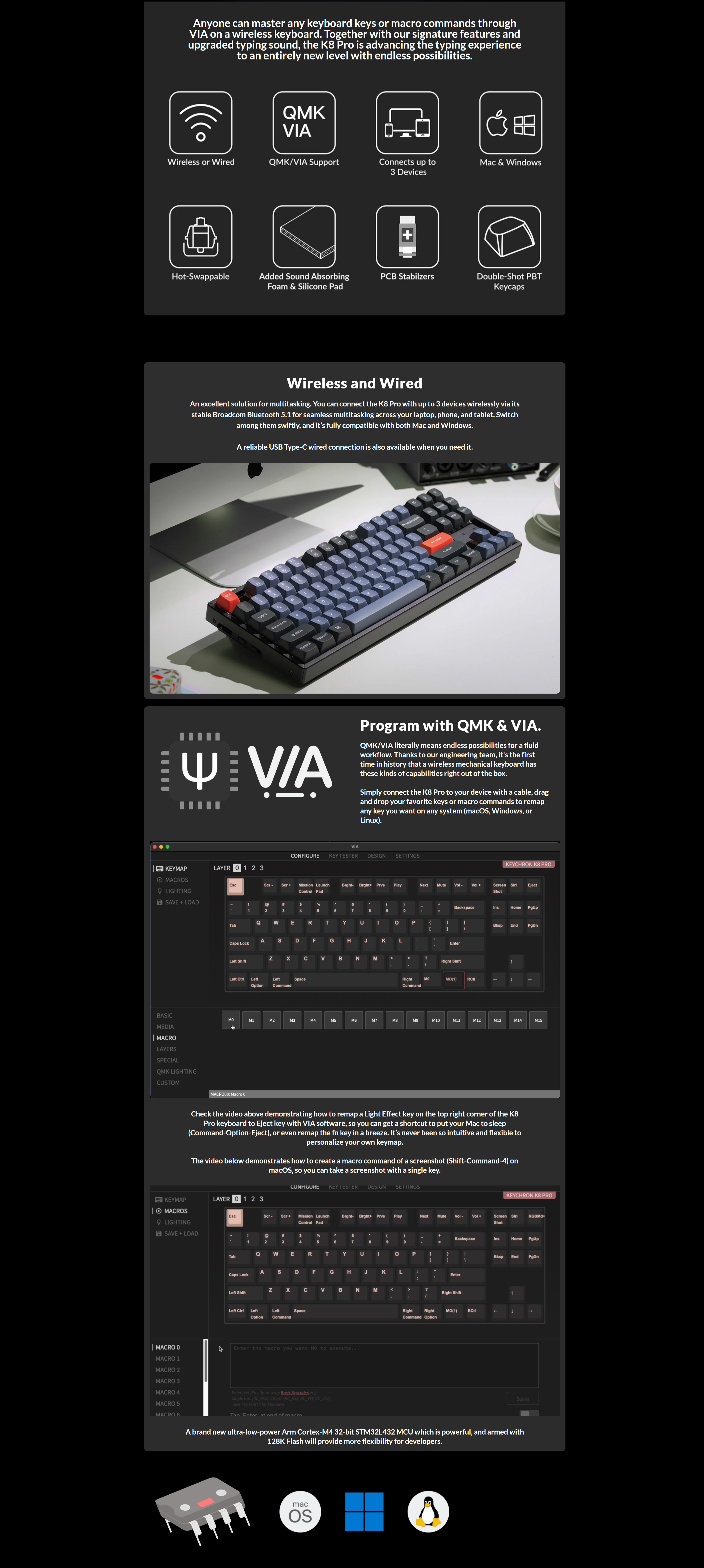 A large marketing image providing additional information about the product Keychron K8 Pro QMK/VIA Wireless Mechanical Keyboard White (Red Switch) - Additional alt info not provided